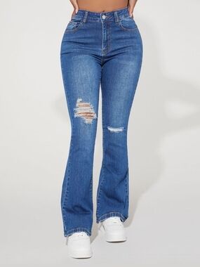 SHEIN Blue High-Rise Distressed Flare Jeans